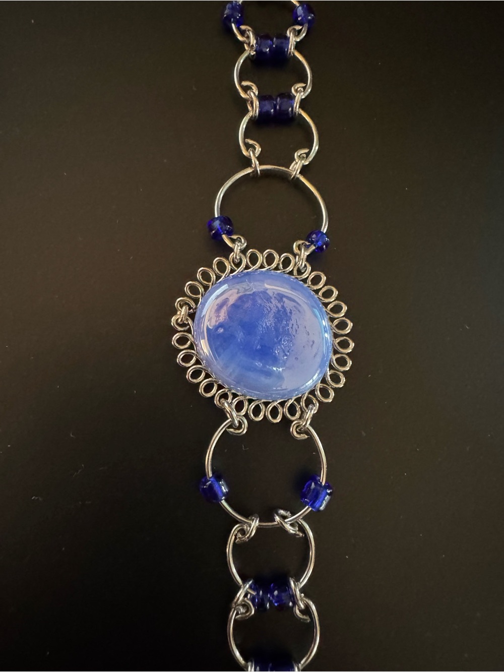 Artisan Silver Tone Bracelet with Blue Cabochon & Cobalt Glass Beads